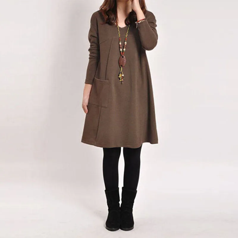 

Vintage V-Neck Long Sleeve Pockets Loose Dress Women ZANZEA Casual Solid A-line Baggy Party Midi Bodycon Dress Kaftan Vestido
