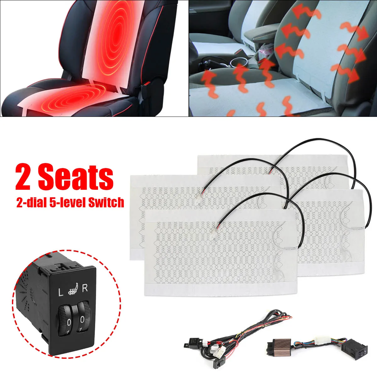 

2pcs 1 Seat12V Carbon Fiber Universal Heated Seat Heater Pads Car High/Low Round Switch Heater Warmer