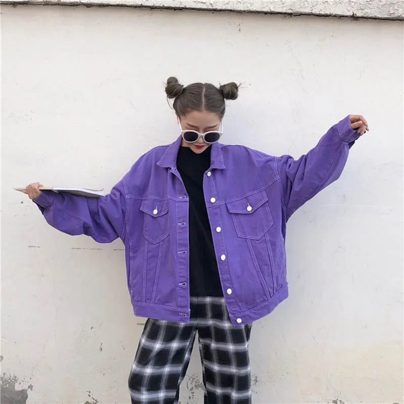 lower price Streetwear Oversize Denim Jacket For Women Casual Candy Color Purple Bomber Jeans Coat BF Style Loo