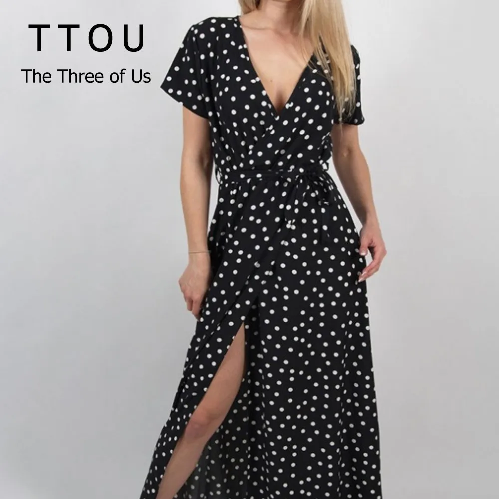 

Maxi women summer dresses boho Sexy v-neck short sleeve dress elegant Sundress dot print long vening Party dress beach vestidos