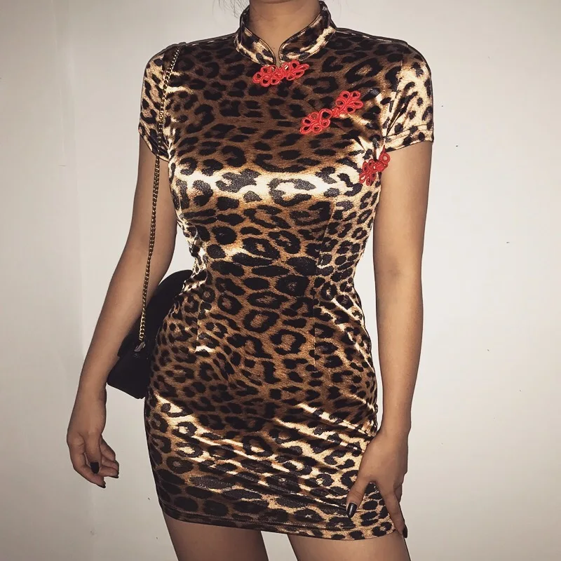 SUCHCUTE леопардовым принтом сексуальные мини-платье летом Повседневное Элегантный Bodycon платье Для женщин Китайский Стиль короткий рукав