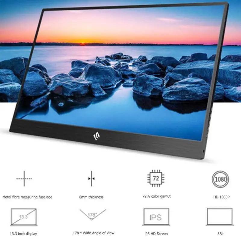 

13.3 Inch Supper Ultra-Narrow Border HDR Portable Monitor 1920X1080P IPS Screen for PS3 PS4 XBOX Car Display PC New Arrival