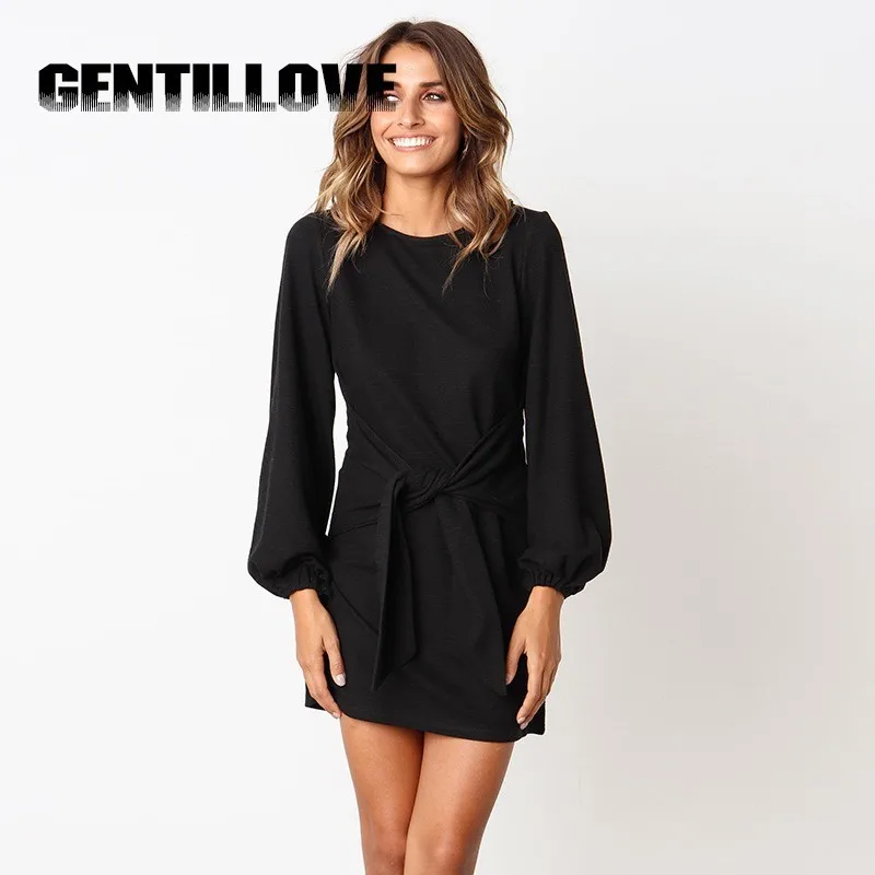 

Gentillove Autumn Winter Dress Fashion Women Casual Loose Elegant Dress Long Sleeve O-Neck Dress With Belt Vestidos