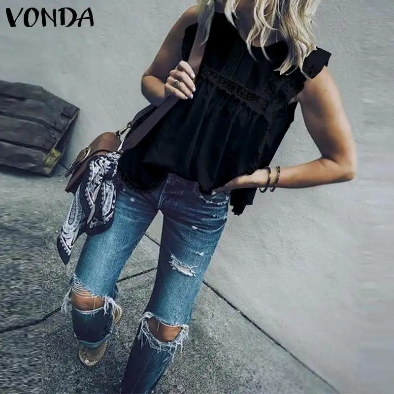  2019 VONDA Women Summer Tunic Blouse Sleeveless Tops Lace Hollow Tanks Butterfly Sleeve Tassel Sexy