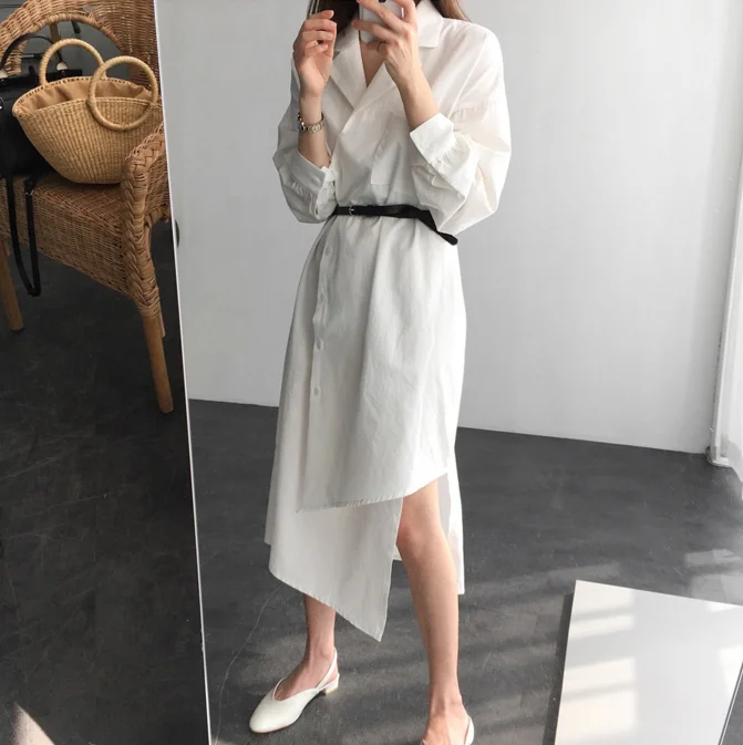 

SuperAen Irregular Solid Color Lapels Dress Women Solid Color Cotton Wild Casual Dress Female Summer and Spring New 2019 Dresses