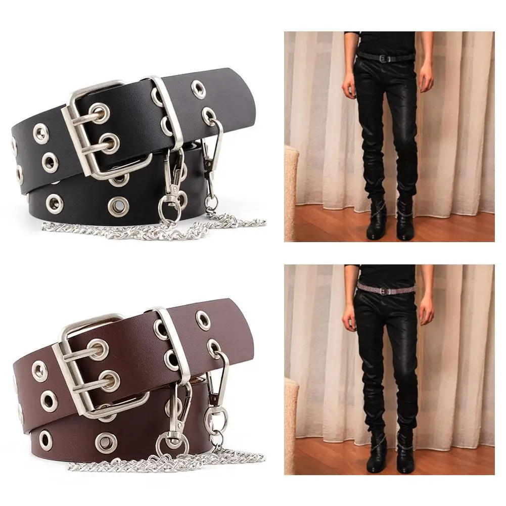

New Luxury Brand Punk Rock Style Women Belts Street Hip Hop Strap Double Pin Buckle Female Belt With Silver Chain Jean Belt
