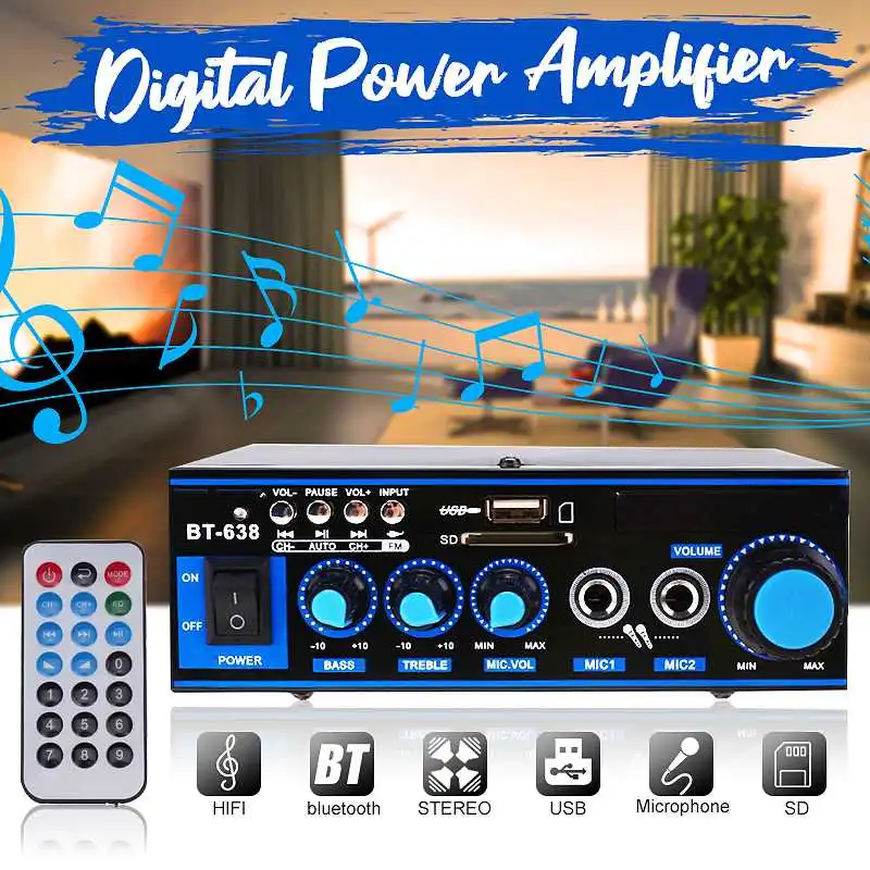 

2 ch 220V LCD Display Audio Power Amplifier Home Theater Amplifiers Audio with Remote Control Support FM USB bluetooth Home Car