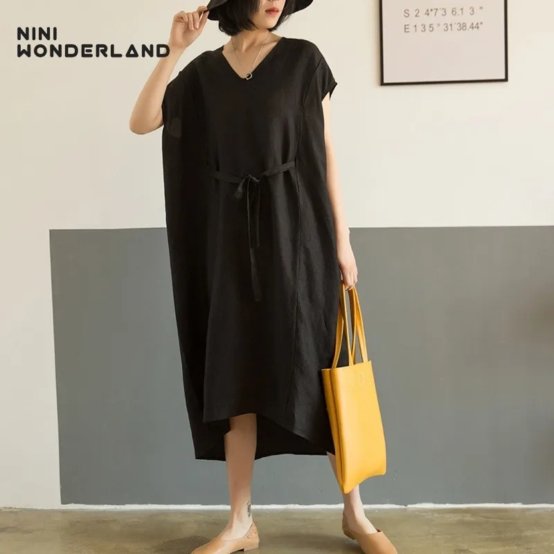 NINI WONDERLAND летнее платье с v образным вырезом 2019 женское льняное свободное рукавами