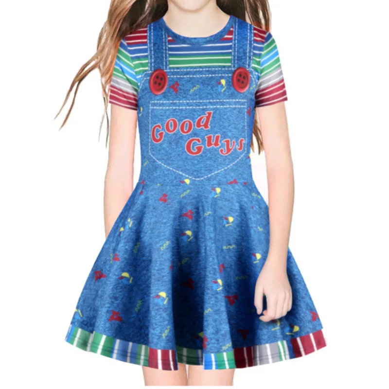 Ceny Halloween Cosplay przerażający kostium dla dzieci dziewczyny dziecięca gra Chucky dobrzy faceci 3D drukowana sukienka Cosplay fałszywe 2 sztuki