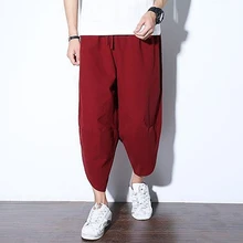 Мужские летние свободные джоггеры Брюки Плюс Размер повседневные хлопковые льняные мешковатые брюки до середины икры длина шнурок брюки шаровары уличная одежда