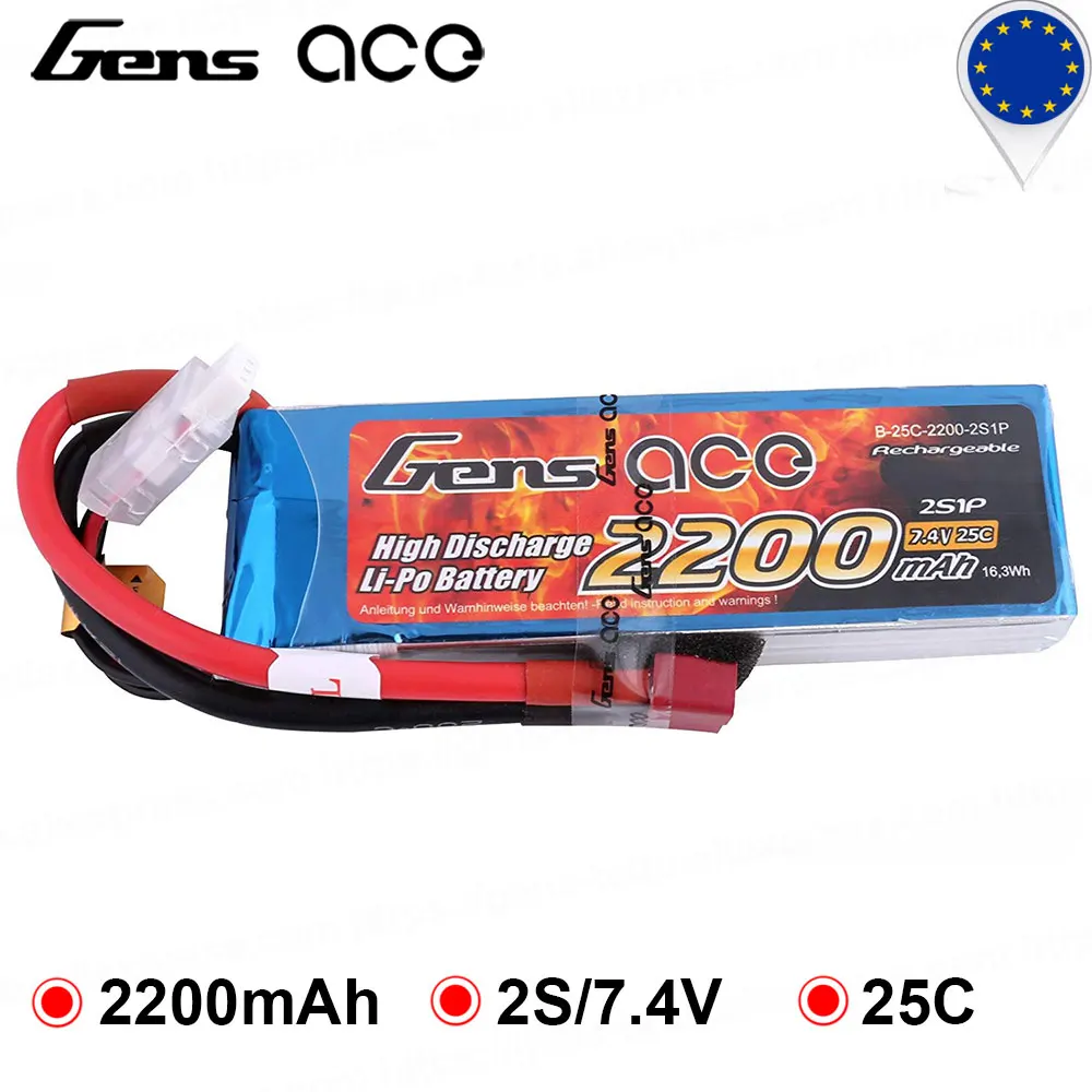 

Gens ace 7.4V 2200mAh Lipo 2S Battery Pack 25C T Connector Deans Plug Batteries for RC Helicopter Foamy Airplane Car Boat
