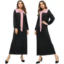 Мусульманские женский галстук лук воротник Абая длинное платье кафтан повседневное арабский ислам бальное платье Дубай элегантный с