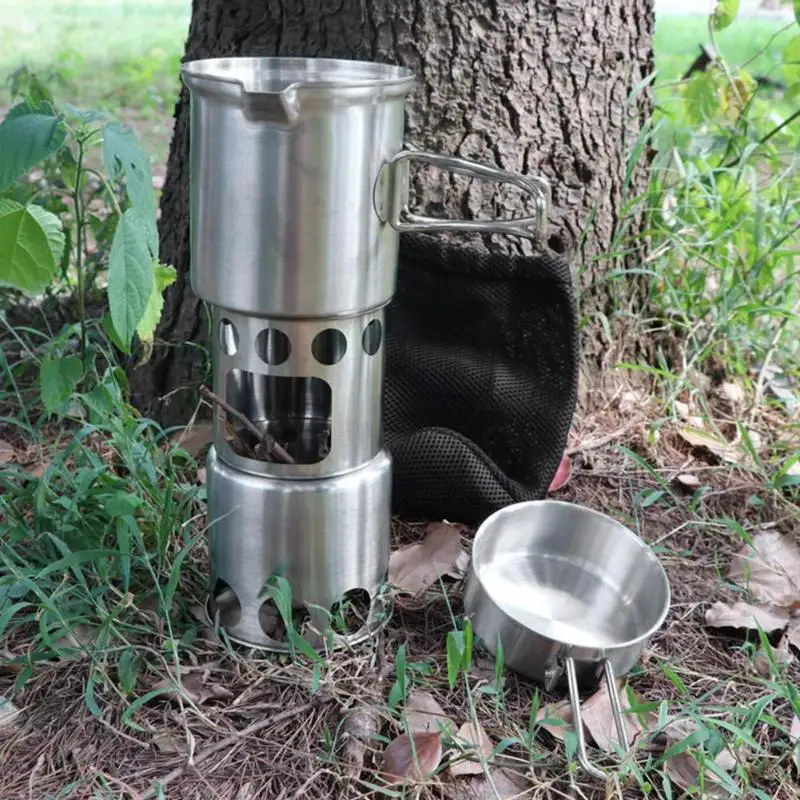 Camping al aire libre de madera estufa olla de cocina juego de vajilla de acero inoxidable plegable utensilios de cocina para viaje de pesca Camping al aire libre de madera estufa olla de cocina juego de vajilla de acero inoxidable plegable utensilios de cocina para viaje de pesca