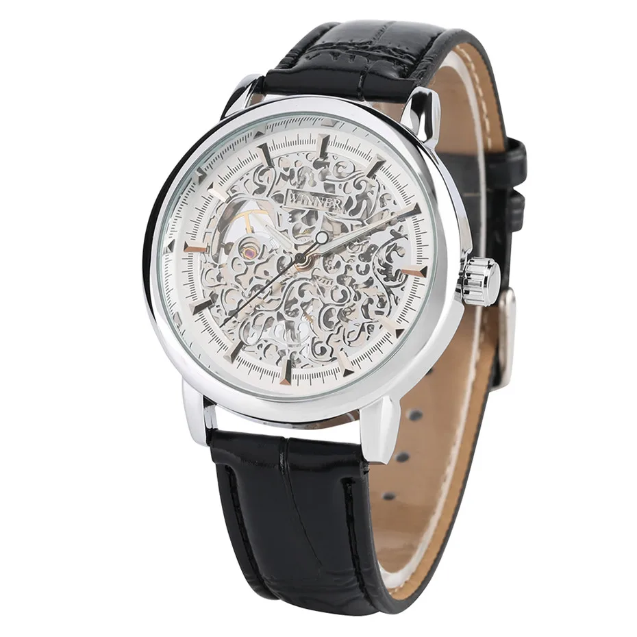 

Silver Transparent Hollow Skeleton Men's Watch Mechanical Hand Winding WINNER Brand Genuine Leather Watch reloj de los hombres