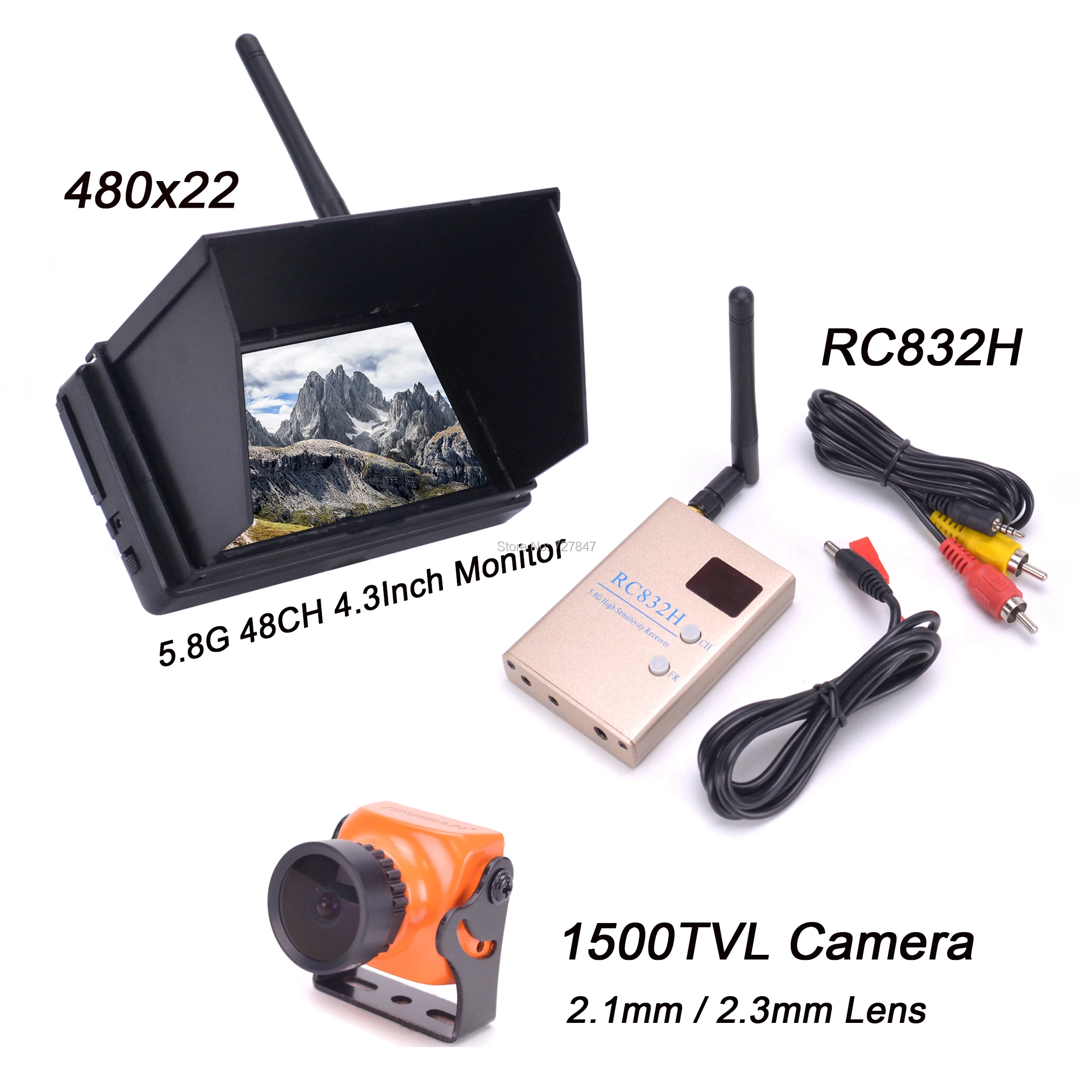 

5.8G 48CH 4.3 Inch LCD 480x22 pixels + A23 1500TVL Camera 2.1mm / 2.3mm Lens CCD + RC832 RC832H 48CH for FPV Racing drone