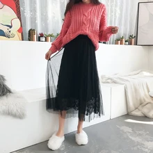 Настоящая ограниченная юбка из ланона Faldas Mujer плиссированная юбка кружевная однотонная до середины икры с завышенной талией осенне-зимняя повседневная
