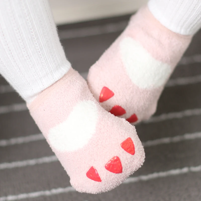 Теплые носки для мальчиков зимние толстые махровые флисовые Носки-тапочки для девочек с рисунком лапы детские носки для обуви calcetines