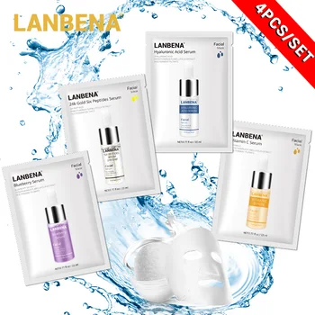 

4PCS LANBENA 24K Gold Six Peptides+Vitamin C+Hyaluronic Acid Serum Face Mask+Blueberry Anti-Wrinkles Facial Sheet Mask Face Care