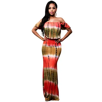 

Women Summer Fashion Short Sleeve Off The Shoulder Tie Dye Holiday Beach Party Long Boho Maxi Dress