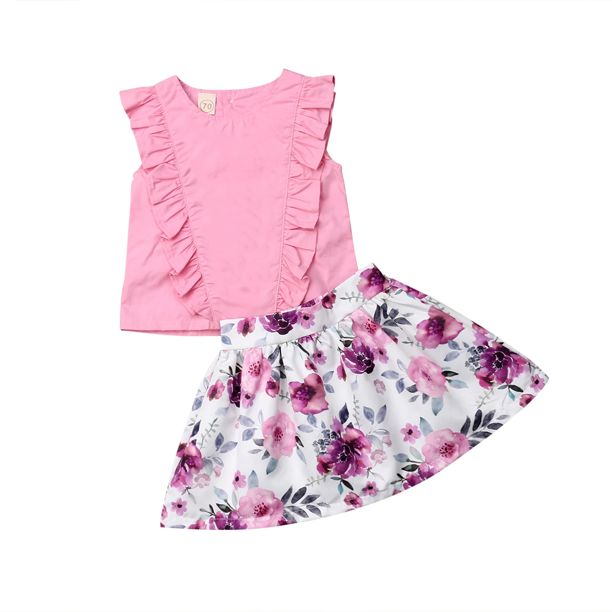 

US Cute Kids Toddler Baby Girls Ruffle T-shirt Tops + Floral Skirt Set Newborn Baby Sleeveless Clothes