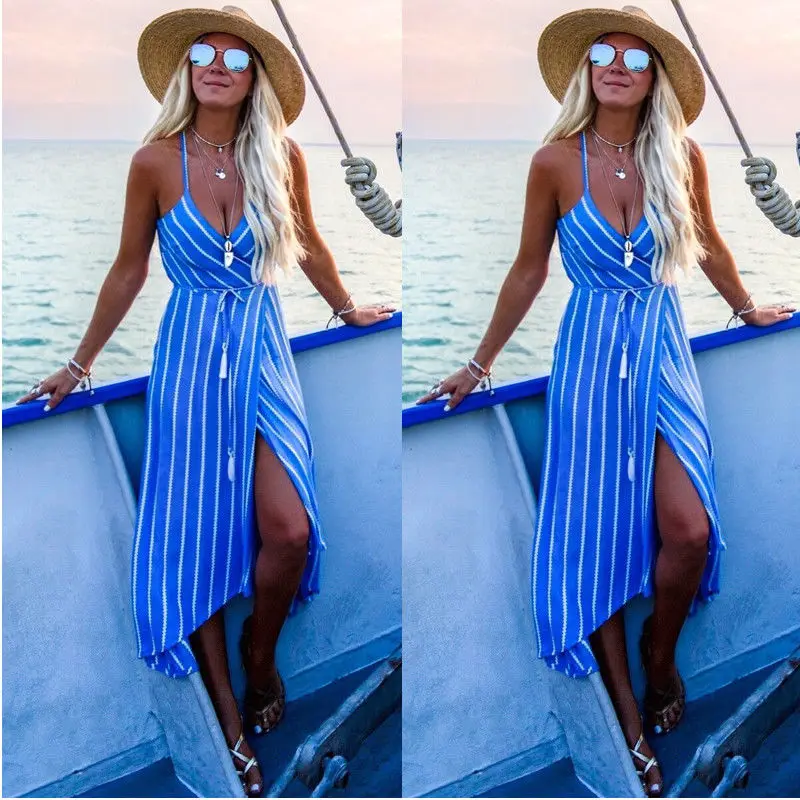 

2019 Newly Summer Fashion Bohemian Summer Striped Sashes Sleeveless Deep V-Neck High Waist Ankle-Length Dress Sundress