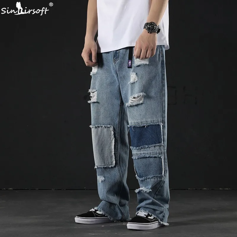 

Men's Patchwork Wide Leg Denim Full Pants Male High Waist Hole Hip Hop Jeans Men Loose Streetwear Trousers Summer New