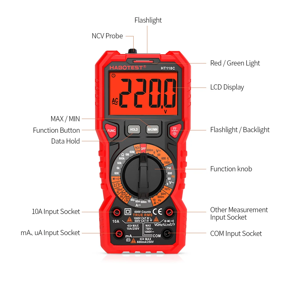 HABOTEST HT118C Цифровой мультиметр Авто Диапазон мульти метр 6000 отсчетов истинное RMS