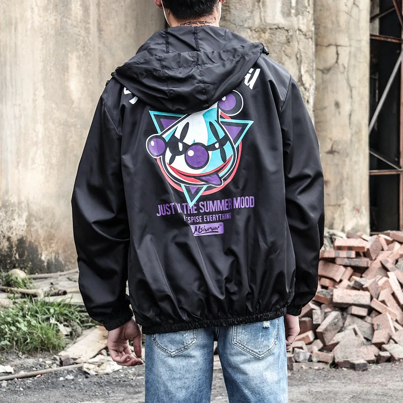 

Luogen Spring Lightning Print Hip Hop Mens Hooded Jacket Casual Vintage Block Loose Hoodie Jacket Coat Streetwear HipHop Jackets