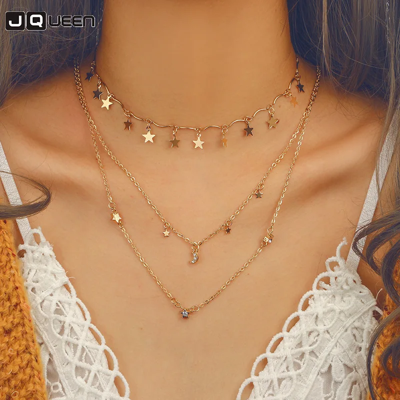 Boho Multilayer Choker Pendant Necklace Crystal Star Moon Chain Women Jewelry