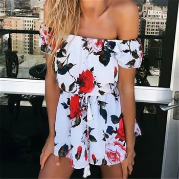 

Sexy Floral Off Shoulder Romper Women Boho Holiday Playsuit Summer Casual Short Jumpsuit Loose Shorts