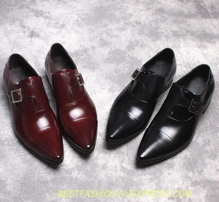 

Dress shoes men slip on genuine leather pointed toes buckle strap summer style loafers smart casual height increasing oxfords