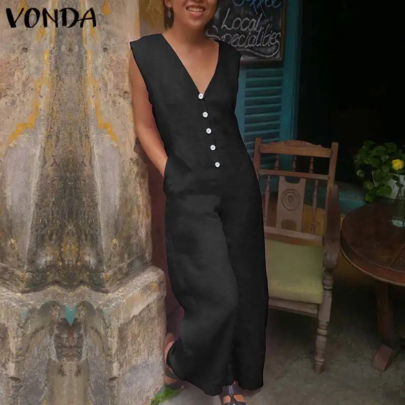 

VONDA Rompers Womens Jumpsuits Sexy V Neck Sleeveless Wide Leg Pants Casual Loose Buttun Cotton Playsuit Long Overalls Plus Size
