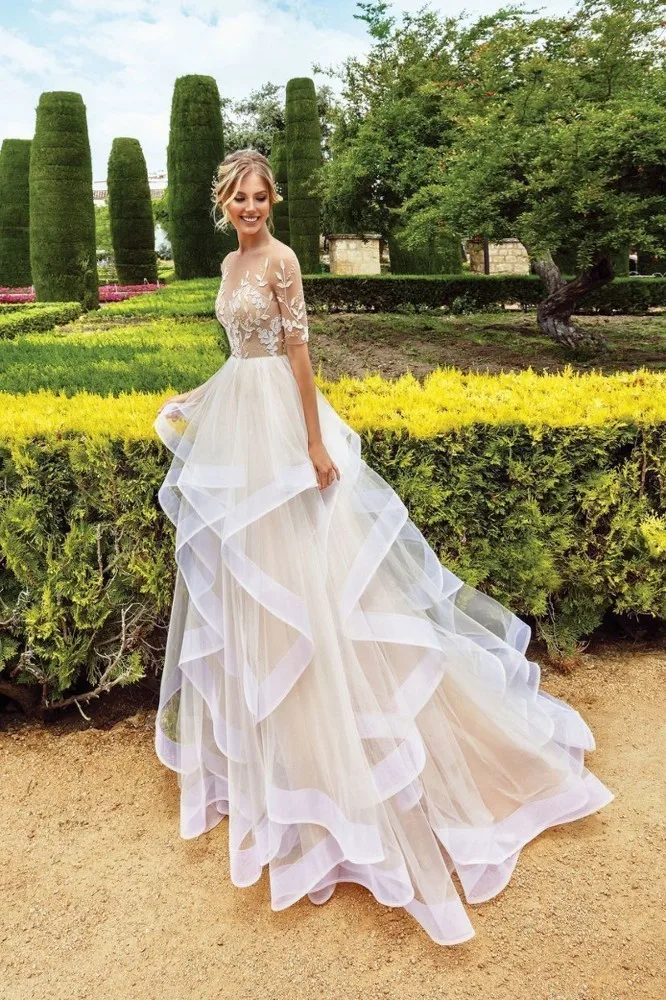 

Vivian's Bridal Lovely Princess Style Layer Ruffles Tulle Wedding Dress 2019 Illusion Mesh Long Sleeve Lace Applique Bridal Gown