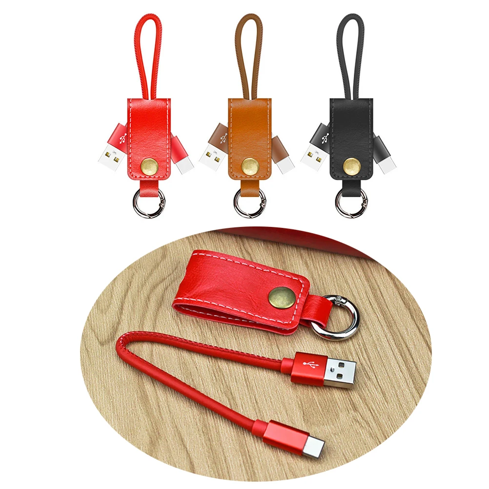 

1pc Leather Keychain Keyring Fast Charging USB Cable Type C Haning Charge Data Sync Cable Key Holder Compatible With Android