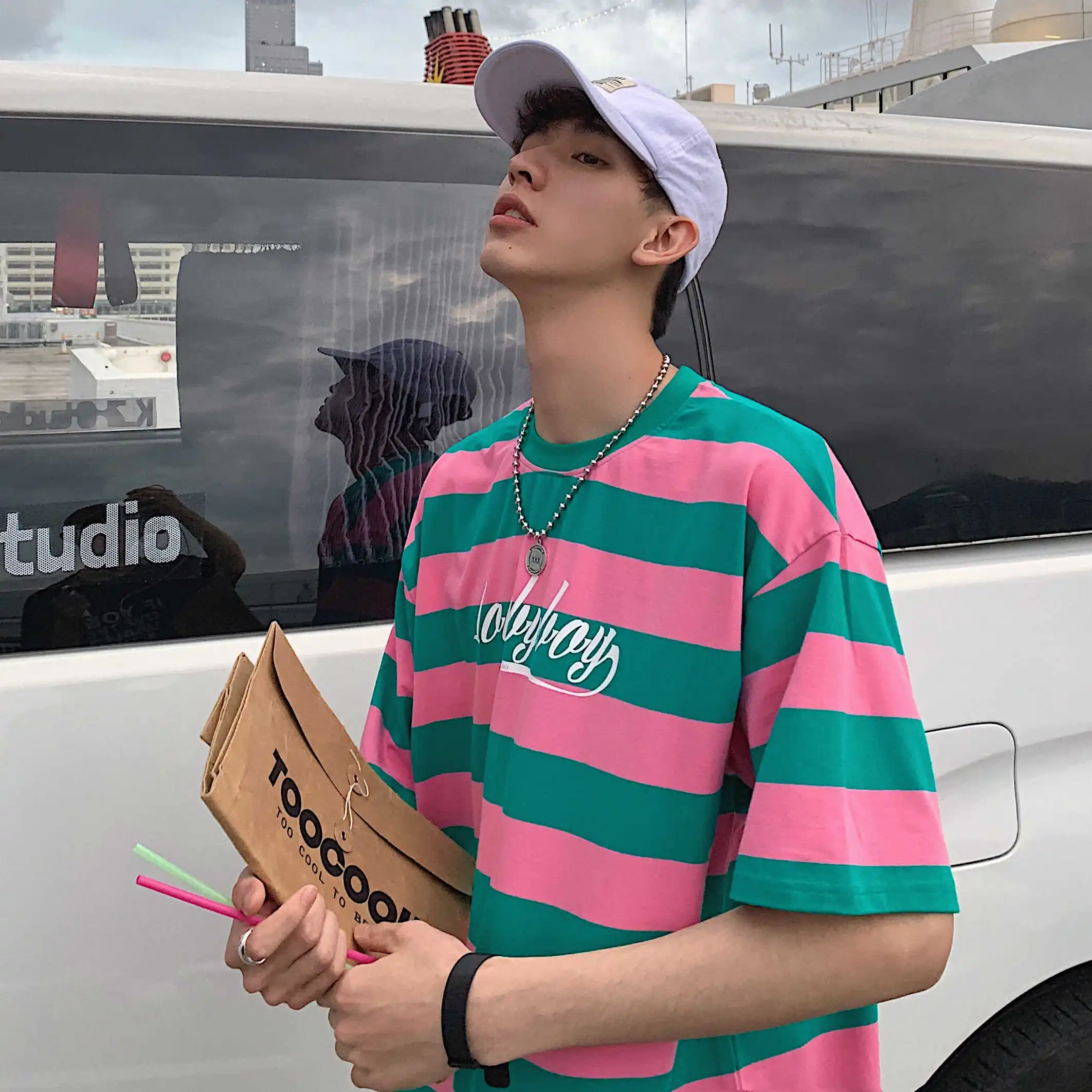 

2019 Spring Summer Men Casual Loose Letter Printing Hit Color Stripe Cotton Top Tee Round Neck Short Sleeve T-shirt Homme M-2XL