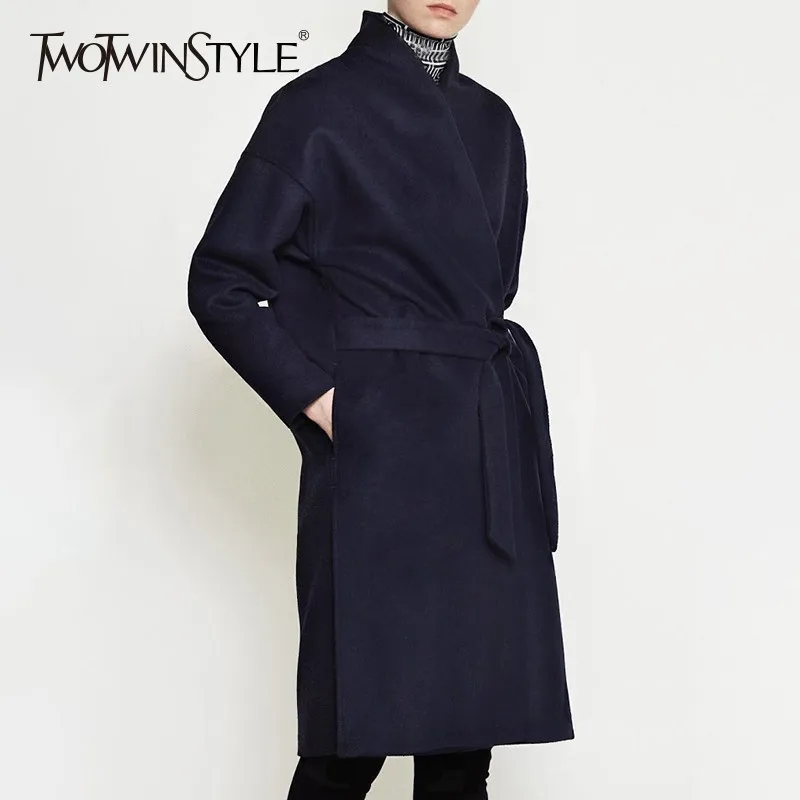 TWOTWINSTYLE Autumn Winter Coat Female Jackets V Neck Long Sleeve High Waist Lace Up Thick Jacket For Women Fashion Elegant New | Женская