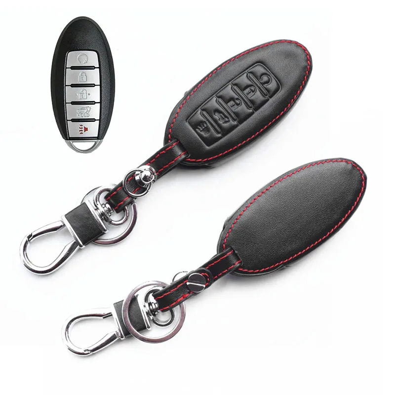 

Smart Key Case Covers Black 5-Buttons Genuine Leather Smart Key Chain Holder Cover For Infiniti Nissan