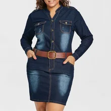 Plus Size 5XL Fitted Denim Jean Dress With Belt Women Sheath Stand Collar Long Sleeves Dresses Vestidos Causal Dress solid fitted dress with choker
