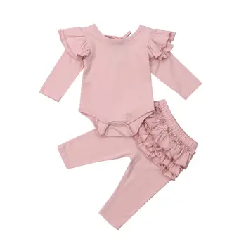 

2019 Canis Newborn Baby Girl Flying Sleeve Pink Solid Tops Romper Ruffle Layered Pants Outfits Icing Spring Clothes