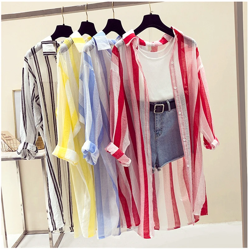 New Long Sleeve Striped Beach Kimono Women Summer Autumn 2018 Long Blouse Thin Sun Cover Up Casual Loose Shirts Cardigan Female