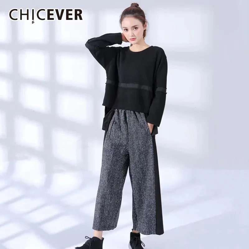 

CHICEVER Women's Suits O Neck Long Sleeve Asymmetric Hem Female T-shirt Patchwork Striped Elastic High Waist Wide Leg Pants 2019