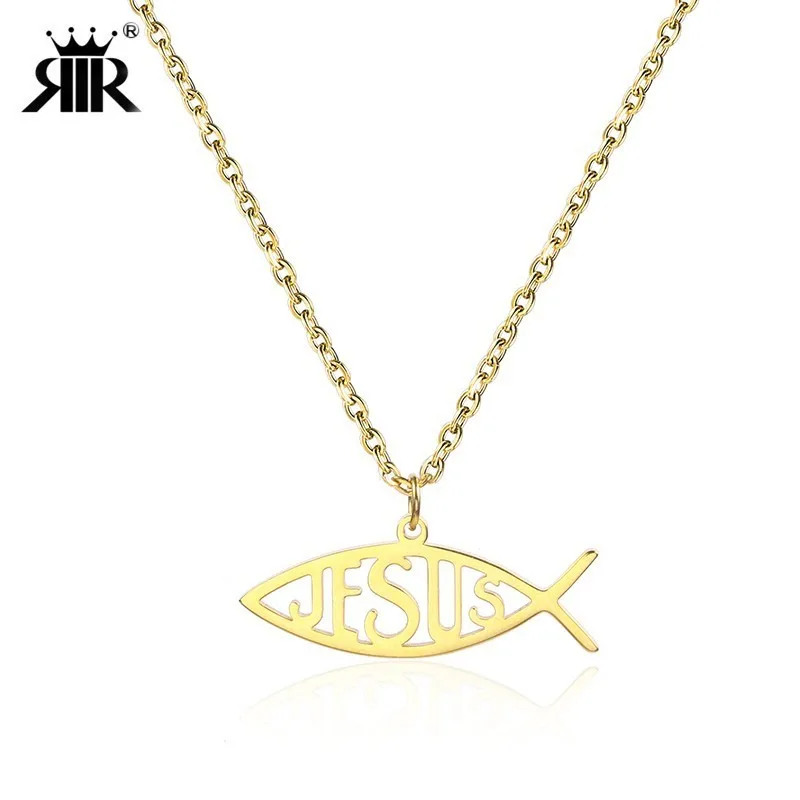 

RIR Gold Jesus Fish Statement Necklace for Christians Religious Charm Jesus Fish Jewelry Jesus Fish Symbol In Stainless Steel