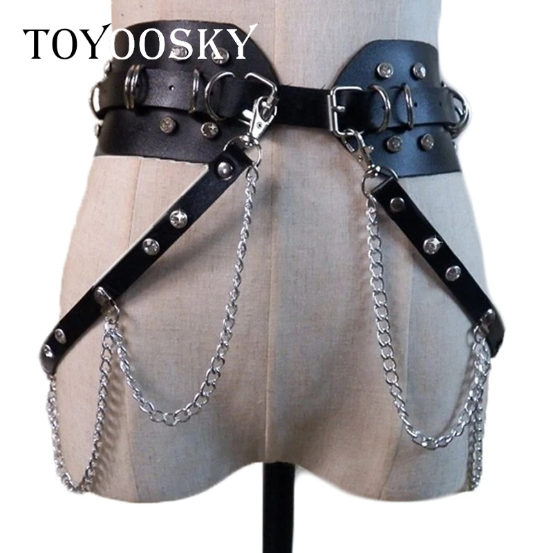 

Brand Gothic Punk Leather Belt for Women Rock Hip hop with Ring Chain Rhinestone Waist Belts Cool Ins luxury women belt TOYOOSKY