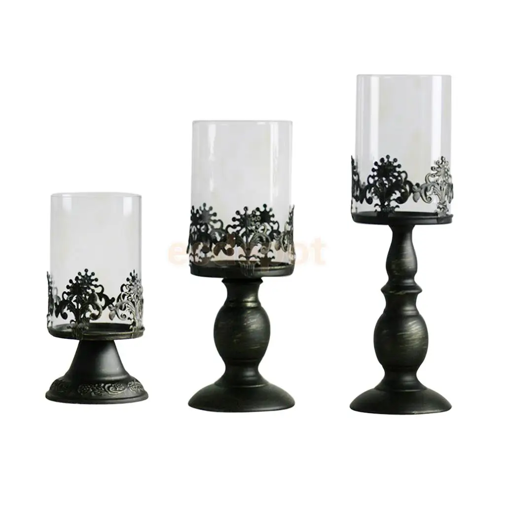 Set 3 Pieces Black Metal Pillar Candle Holder With Glass Dome For Hoem