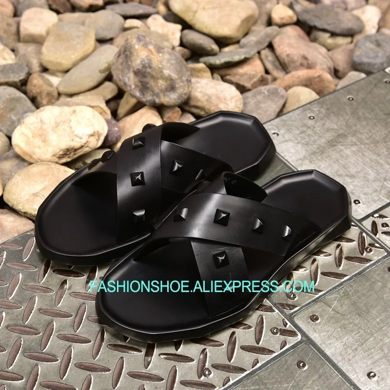 Zapatillas Tacón Playa Hombres Cuero Sandalias Los Caliente Spike 2018 De Genuino Verano Remaches Plano xUTqZIXw