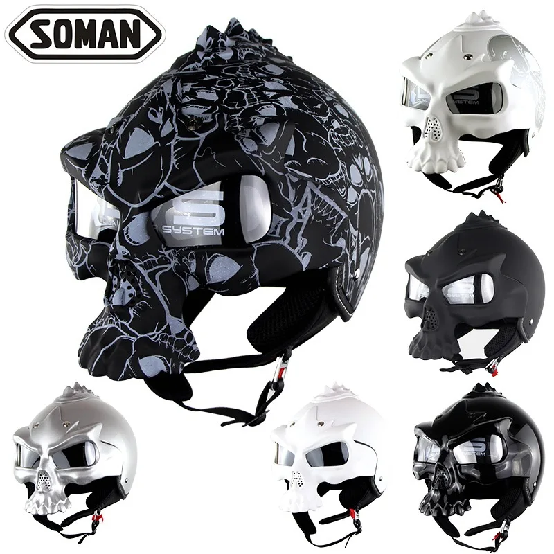 

SOMAN Personalized Motorcycle Ghost helmet Motorbike Double Lens Capacetes Moto Skull Casco Retro Casque SM689