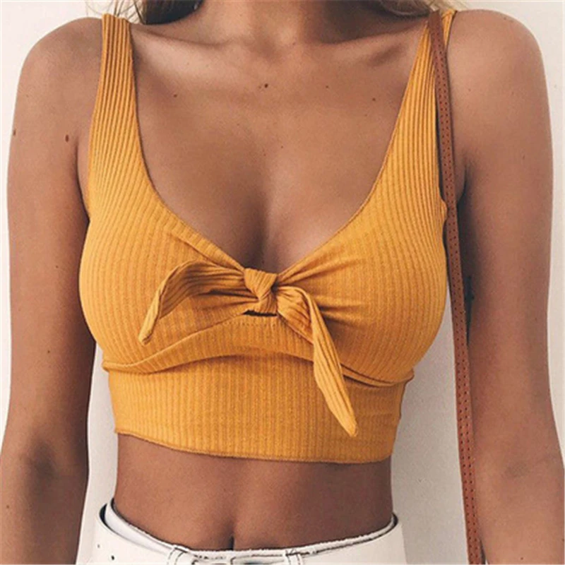 

2019 Sexy Pure Color Spaghetti Strap Crop Top Women Back Bow Cami Top Vest Summer Female Beach Casual Slim Fit Tank Tops Tees