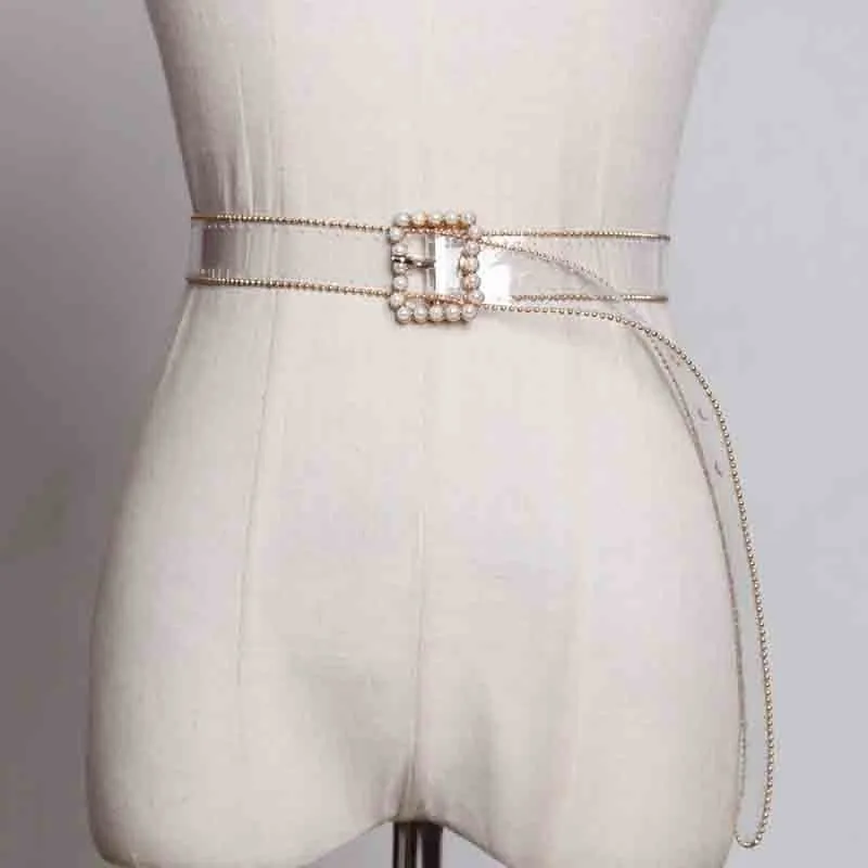 

[YaLee] New Fashion 2019 Spring Summer Square Pin Buckle Transparent Girdle Pearl Diamond PVC Leather Long Belts Women Y798