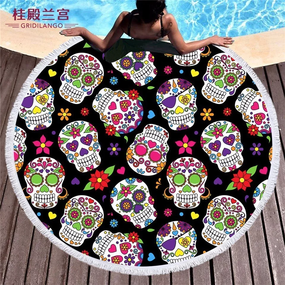 

GRIDILANGO Multi Cool Skull Pattern Round Beach Towel For Adult Quickly Absorbtable Swimming Travel Outdoor Blanket Bath Towel