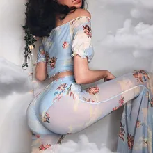 V Neck T Shirts Angel Print Mesh See Through Flare Pant Two Piece Set Short Sleeve Floral Crop Tops Cupid Pant 2 PCs Mesh Sets